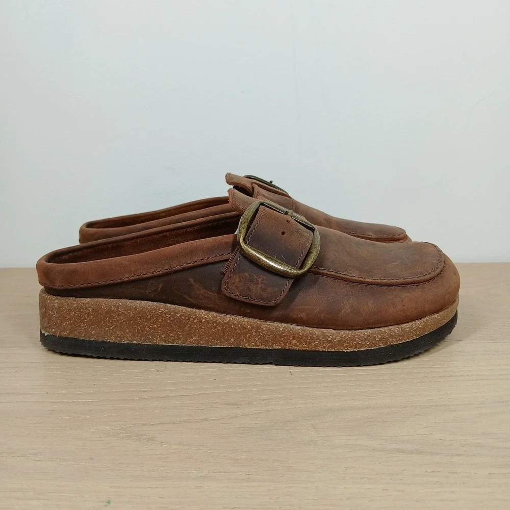 White Mountain Footbeds Mules Women's 8 Brown Leather Buckle Comfort Clogs - Picture 4 of 11